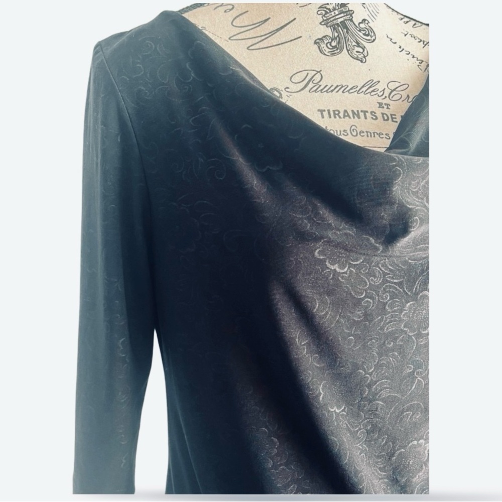 Vintage 90s Jessica Black Damask Cowl Neck Blouse Soft Goth Minimalist Medium - Picture 4 of 4